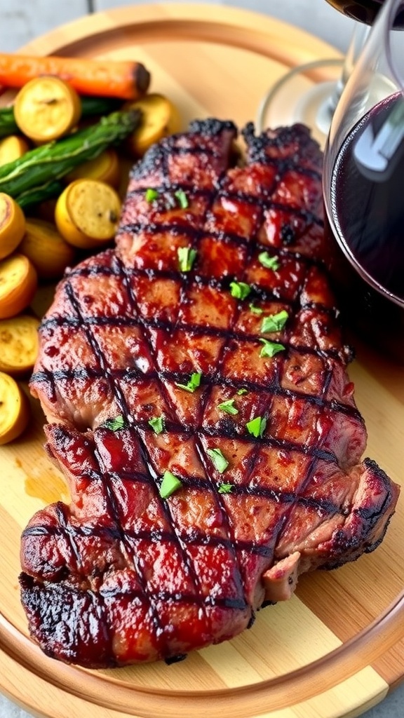 Juicy NY strip steak cooked in an air fryer, garnished with herbs, served with roasted vegetables.